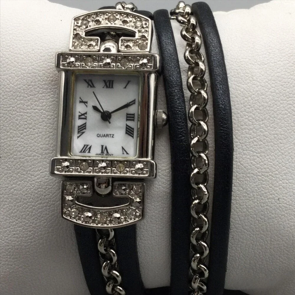 Avon Womens Watch 20mm White Dial Black Wrap Leather Chain Strap New Battery